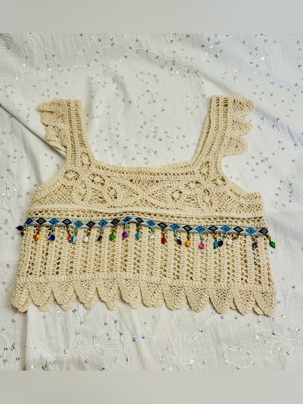 Rebellion Again Crochet Crop Top Beaded Boho Festival Cotton Tank Size Small